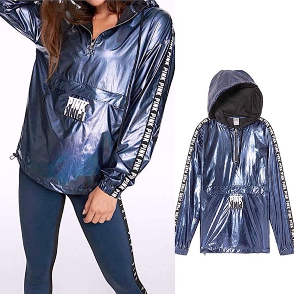 PINK VICTORIA’s SECRET Lightweight HOODIE Quarter ZIP Foil Sport BLACKSHINE M L